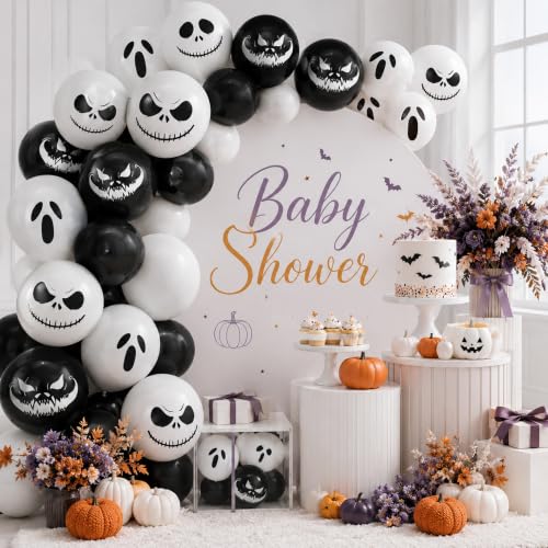 Image of Halloween Balloons Black White Skull Halloween Scary Night Party Decoration | 12in Black White Ghost Skull & Jack O Lantern Balloons for Halloween Skeleton Trick or Treat Horror Haunted House Decorations