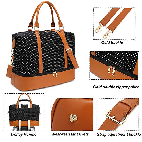 Womens Travel Weekend Bag Canvas Overnight Carry on Shoulder Duffel Beach Tote Bag (Black polka dot with shoe compartment)