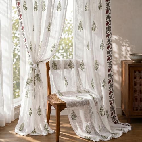 Image of LINENWALAS Decorative Cotton Linen Sheer Curtains 7 Feet for Door -Block Printed Door Curtain | Grommet Hanging Style Pack of 2 Panels |Light Filtering Sheer Drapes (Fern)