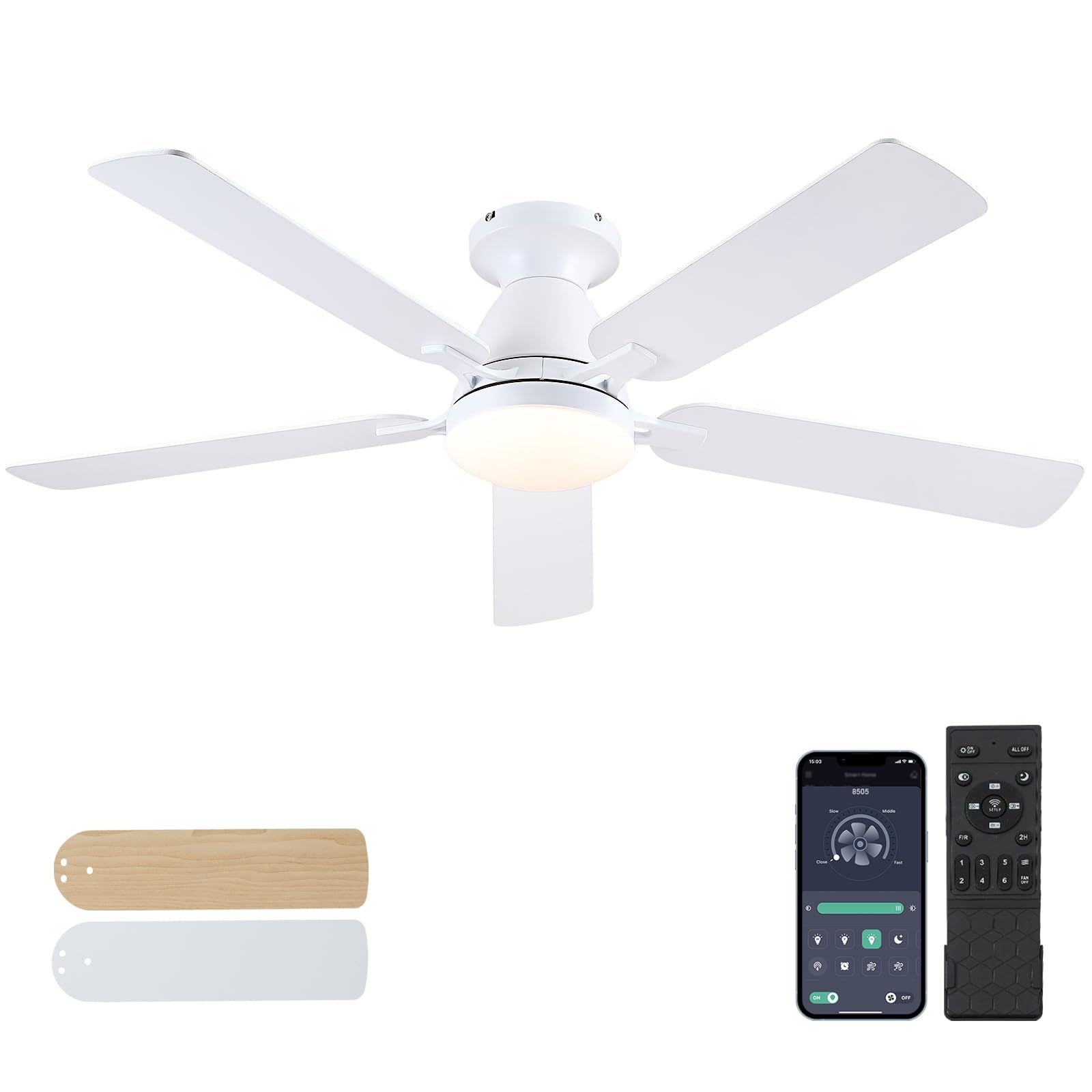 Ceiling Fans with Lights- 52" Low Profile Indoor Ceiling Fan with Light and Remote/APP Control, Flush Mount, LED Dimmable DC Reversible Modern Ceiling Fan for Bedroom?White?
