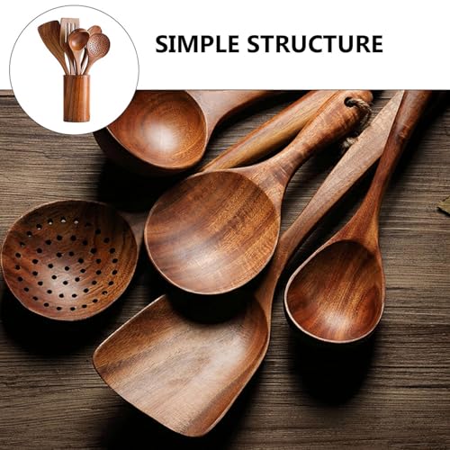 NUOBESTY Multipurpose Wooden Kitchenware Natural Teak Cooking Utensils with Slotted Scoop and Stir-frying Spatula Heat-resistant Non-stick Safe Tools with Hanging for Easy Storage - Thumbnail 3