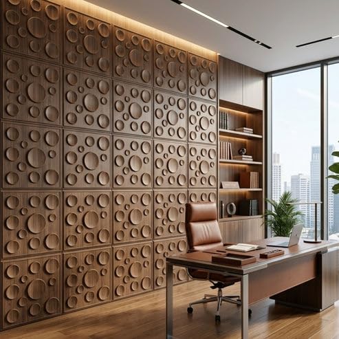 Image of Kayra Decor 3D PVC Wall Panels for Bedroom & Living Room | Moon Design | Oak Wood Color | 19.7 x 19.7 Inch | Pack of 18 | 42.48 Sq Ft