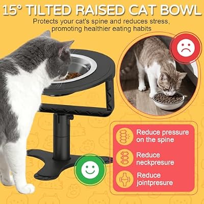 Raised Cat Bowls with Height-Adjustable Stand 15 Tilted Cat Food Bowls Non-Slip Feeder Adjusts to 2.4, 4.02,5.98 with Stainless Steel Bowls Whisker Friendly for Cats and Puppy (Black)