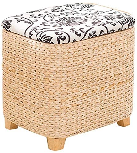 Tabouret maison en bois massif et rotin tressé de couleur beige