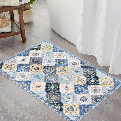 KILOCOCO 2x3 Small Area Rug, Moroccan Super Soft Entryway Rugs Indoor Vintage Washable Rug Non-Slip Indoor Door Mat, Accent Print Faux Wool Throw Rug for Kitchen Bedroom Entrance, Blue/Yellow/Multi