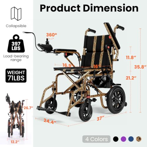 Image of Electric Wheelchairs for Adults,Lightweight Foldable Wheelchair 15 Miles Long Travel Range, 360 Joystick Control Motorized Wheelchair, Support 286 lbs with LED Light Power Wheelchair (Leopard)