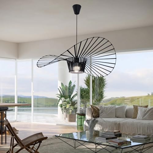 Image of Modern Black Woven Chandelier, 31.5 inch Farmhouse Coastal Hat Pendant Light Fixtures Matte Black Handwoven Shade Boho Pendant Hanging Lamp for Kitchen Dining Room Bedroom Foyer Hallway