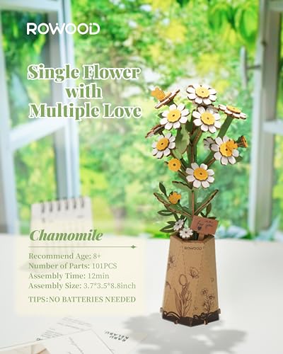 rowood 3D Puzzle Wooden Flower,DIY Flower Building Block Set Craft Kit,Mother's Day/Valentine's Day/Teacher's Day/Thanksgiving/Christmas/Birthday Gift for Mom/Grandma-Chamomile - Image 2