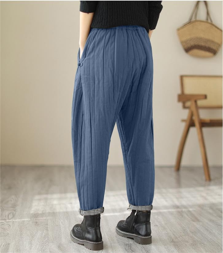 WROLEM Women Winter Warm Down Cotton Pants Thicker Padded Quilted Pants Relaxed Fit Wide Leg Trousers with Pockets - Image 3