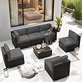 SUNCROWN 7-Piece Outdoor Patio Furniture Sofa Set All-Weather Black Wicker Sectional Conversation Set with Modern Glass Coffee Table and Cushions (Grey)