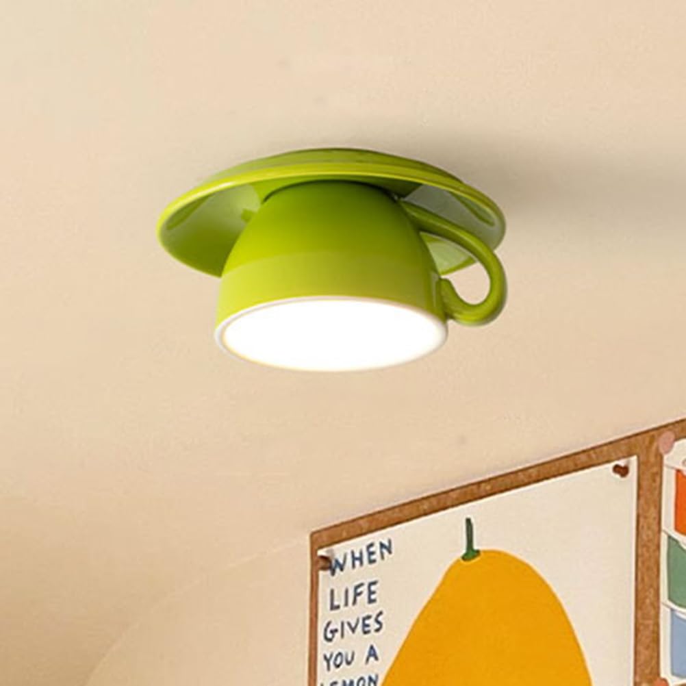 OOWOKS Plafonnier LED rouge créatif Lampe de plafond Céramique Tasse à café Design 3 températures de couleur (3000K/4500K/6000K) Éclairage de plafond moderne Lustre pour restaurant Café Couloir,Vert