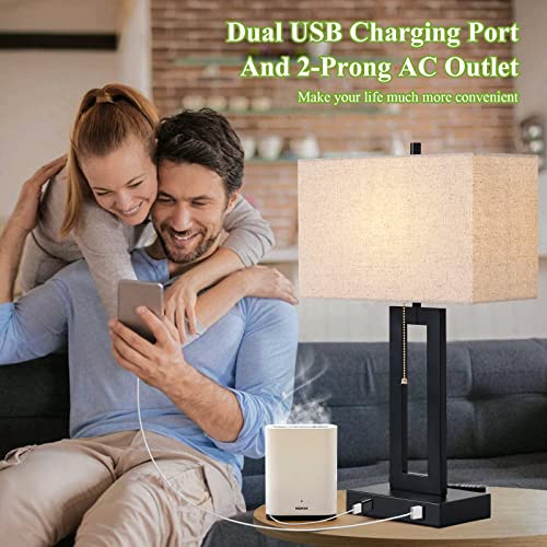 Set Of 2 Table Lamps For Bedroom With 2 Usb Ports And Ac Outlet, Bedside Lamps With Pull Chain, Living Room Lamps For End Tables, Modern Black Lamps With Cream Shade For Nightstand Office Desk Reading #TOP1