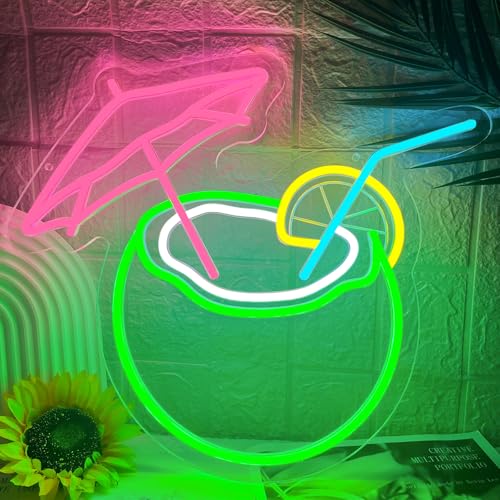 Image of Coconut Neon Sign Light, Dimmable Summer Drink Theme Neon Lights with Lemon for Wall Decor, Tropical Beach Led Light Up Sign for Bar Beer Pub Bedroom Restaurant Man Cave Club Party Present