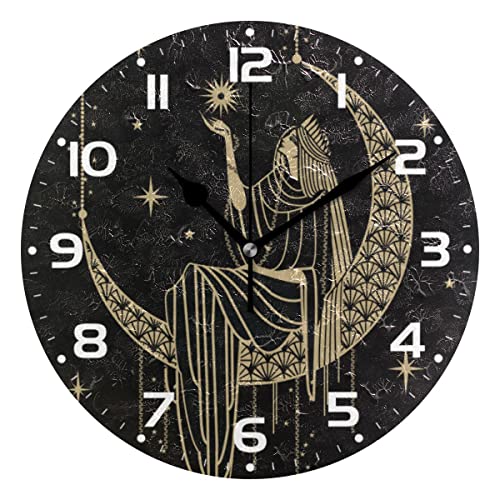 ZOEO Large Wall Clocks, Sacral Night Girl on Moon Battery Operated Non Ticking 10 inch Clock Silent Art Bedroom Kitchen Atomic Analog Clocks Home Decor 9''