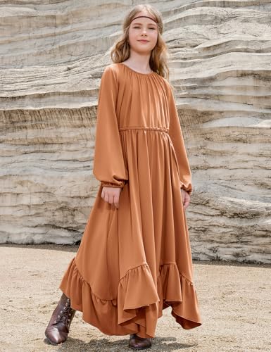 Jxstar Girls Boho Dress Casual Long Sleeve Maxi Dresses Crew Neck Ruffle Flowy Swing Long Dress with Pockets3