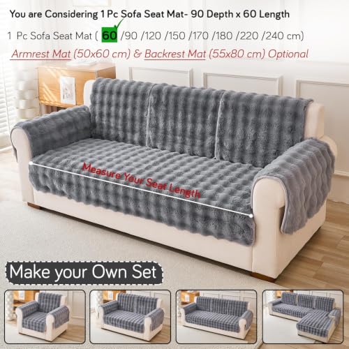 Image of HOKIPO 'FurHug' Premium Faux Rabbit Fur Sofa Cover Mats for L Shape and 1 /2 /3 Seater Sofa. Make Your Own Sofa Cover Set, Mat Length 90(D) x 60(L) cm, Cool Grey (NEW2-5010-GRY)