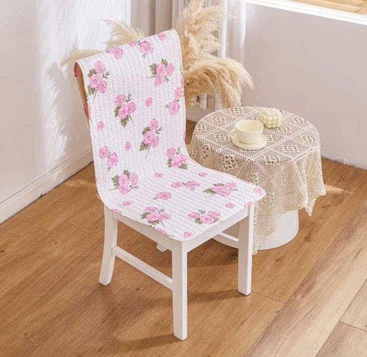 Image of HOMETHREADS Floral Quilted Cotton Chair Cover - Soft, Comfortable Dining Chair Seat Protector with Non-Slip Backing & Strong Elastic Strap for Snug Fit(White Pink, Pack of 4)