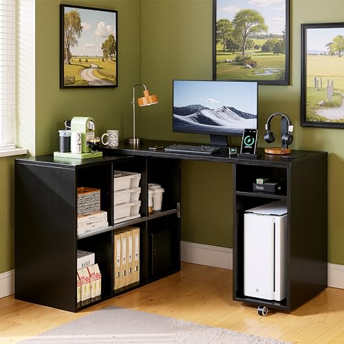 BLANKSPACE 360°Swivel L-Shaped Computer Desk with 6 Open Shelves - Rotating Home Office Desk for Work & Study Black Walnut