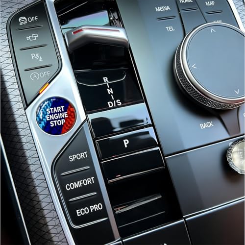 Image of Engine Start Stop Button Cover compatible with BMW Interior Accessories | 0.86 Inch Round compatible with X3 X5 Z4 2 3 4 i4 i3 Series,Tricolour Carbon Fiber Texture with High Gloss Resin surface