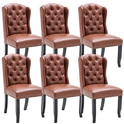 DUOMAY Juego de 6 sillas de comedor de mediados de siglo, tapizadas de poliuretano marrón, con respaldo de alas y ribete de cabeza de clavo y patas de madera para cocina y comedor