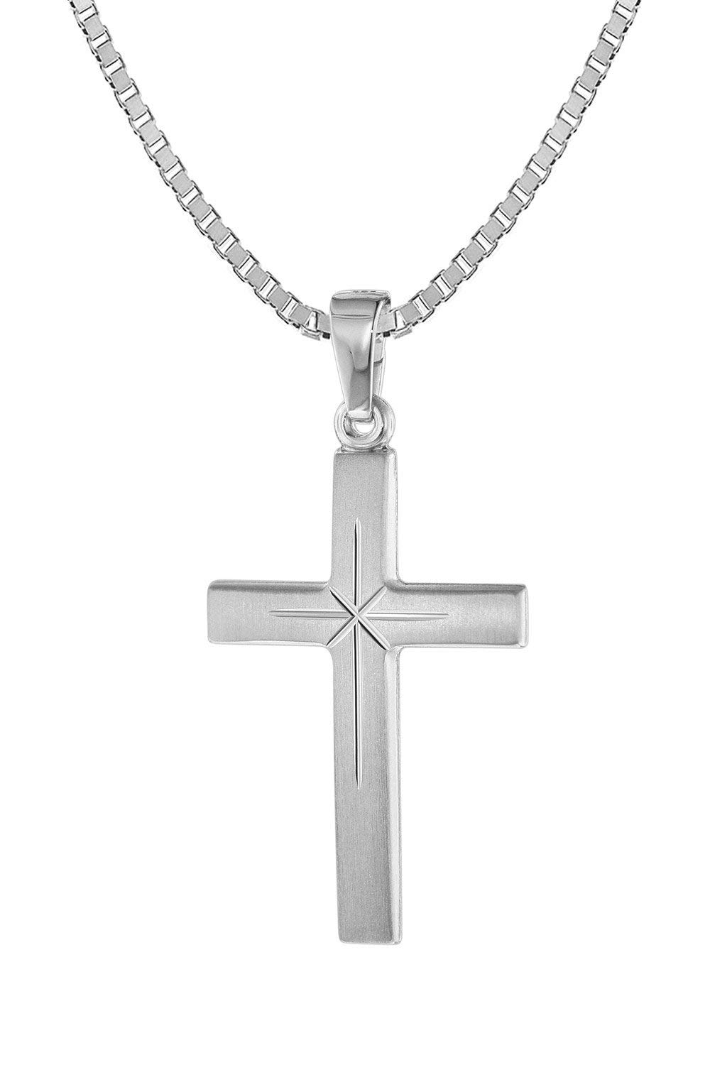 trendor Kreuz-Anhänger 24 mm Weißgold 585 (14 Karat) mit Silberkette 75283 | Damen und Herren Halskette mit modischem Echtgold-Anhänger