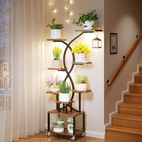 9 Tiered Plant Stand Indoor with Grow Light, Tall Plant Shelf with Removable Wheels for Multiple Plants , 62