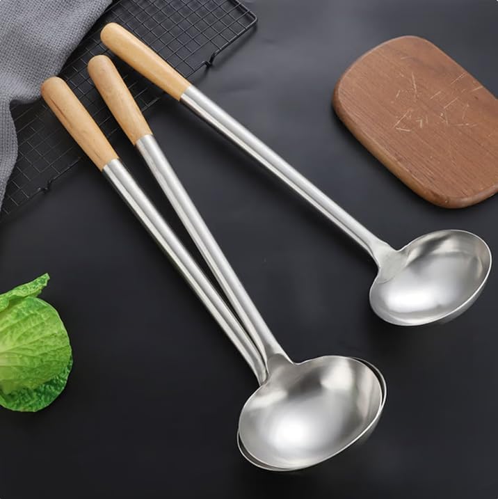 Stainless Steel Soup Ladle with Wooden Handle, Long Handle Kitchen Spoon, Modern Style, Silver and Natural Wood, (340ml)
