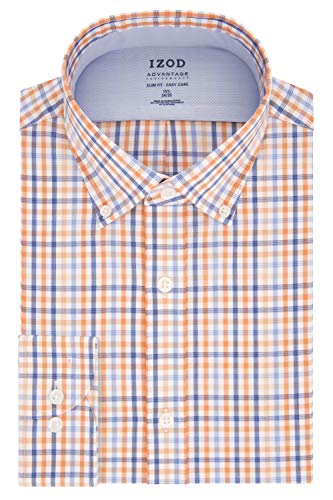 IZOD mens Slim Fit Stretch Cool Fx Cooling Collar Check Dress Shirt, Orange Multi, 16 -16.5 Neck 32 -33 Sleeve Large US