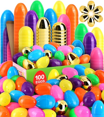 [6 Surprise Golden Eggs] 100 Pack 2.3 Inch Plastic Easter Eggs, Empty Easter Eggs Fillable, Bright Colors Plastic Eggs Bulks for Easter Hunt, Easter Party Favor, Basket Stuffers Fillers