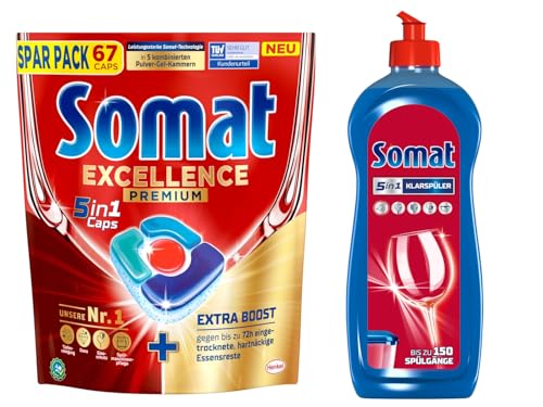 SOMAT Caps 2 x 67 (134) AW Excellence, pastillas para lavavajillas de liberación rápida con extra Boost, eliminan restos de comida persistentes + abrillantador Somat Duo Power Experten de 750 ml