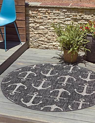 Unique Loom Outdoor Coastal Collection Area Rug - Ahoy (4' 1" Round, Charcoal/ Ivory)