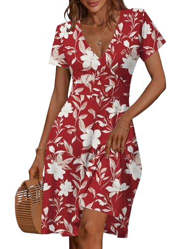 Image of MSBASIC Womens Summer Wrap V Neck Casual Dresses Floral Short Sleeve A-Line Midi Sundress