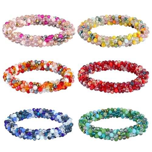 6 Pcs 6 Colors Faceted Glass Beaded Bracelet, Glass Beaded Crochet Stretch Fashion Nepal Bracelet for Women