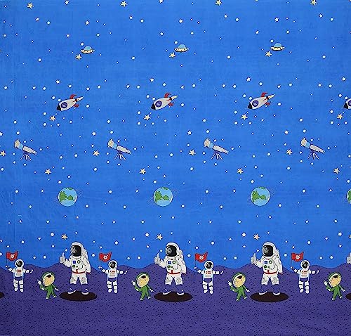 Image of Elastic Fitted Single Bed Bedsheet for Kids | Glace Cotton Bedsheet with 1 Pillow Cover - 200TC Astronote Cartoon Print for Children, 72x48x Upto 6 Inches (Blue)