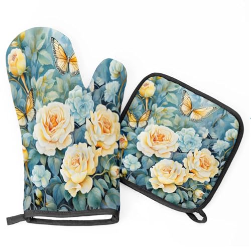 Rose Butterfly Oven Mitts Kitchen Oven Gloves for Cooking Baking Heat Proof Lining Cotton Kitchen Potholder Mittens Pot Holders Hot Pads for Chef Women Men