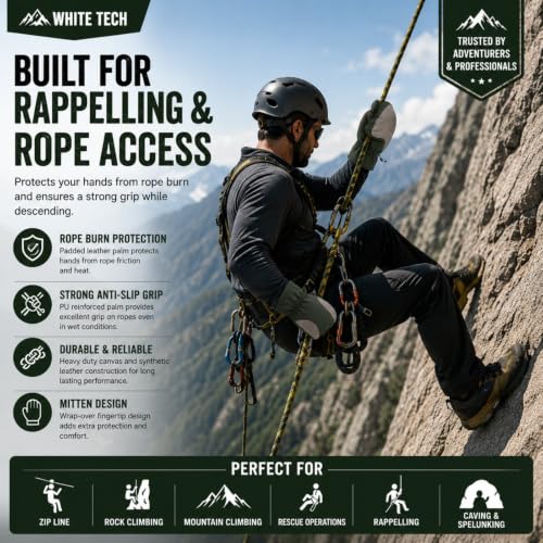 Image of White Tech Rappelling Mitten Gloves (6Pair) Slithering Mittens Gloves Heavy-Duty Leather Anti-Slip Lightweight Perfect for Zip line Climbing Activities & Military Training