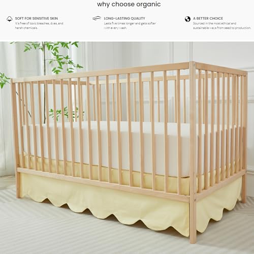 Image of Brandream Scallop Edge Cotton Crib Skirt Toddler Bedskirt Baby Nursery Crib Bed Skirt Boho Bohemian Neutral Solid Color Light Yellow Farmhouse Chic Bedding Skirt