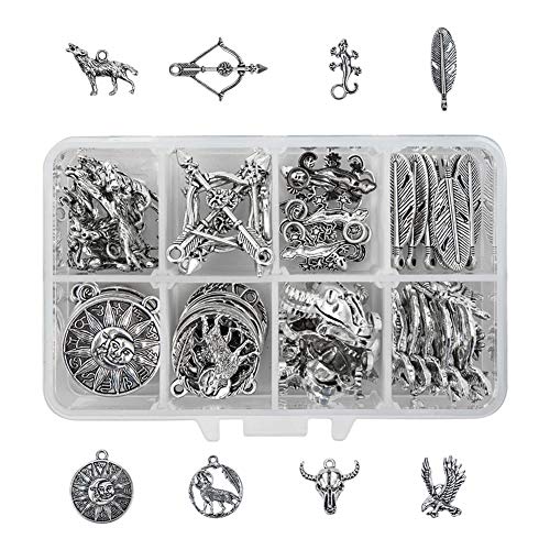 NBEADS 64 Pcs Animal Patterns Printed Tibetan Style Alloy Pendants, 8 Different Types Flat Round Metal Wolf Sun Eagle Feather Wall Gecko Bull Bow and Arrow Charm Pendants for DIY Jewelry Making