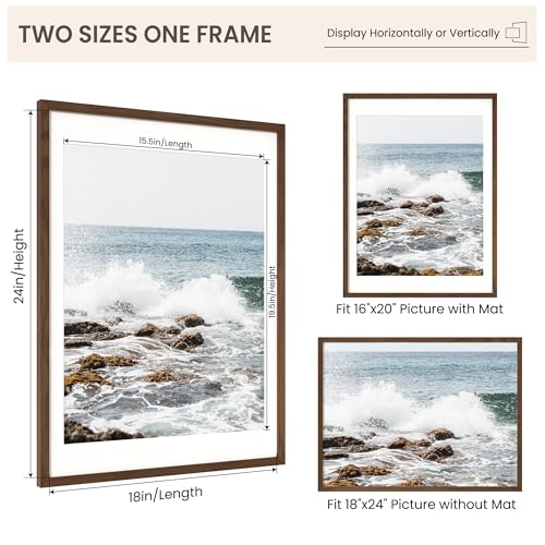 Image of FLYJOE 18x24 Oak Wood Picture Frame with Mat for 16x20, 18 by 24 USA-Sourced Natural Solid Wooden Poster Frame for Wall Display, Tempered Real Glass, Hanging Hardware Included, 3 Pack, Walnut Color