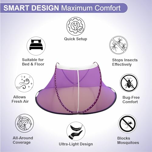Image of Healthgenie Foldable Mosquito Net for Single Bed, Pop-Up Insect Net with Frame, Portable & Breathable Mesh Canopy for Home & Travel Use (Multicolour- Assorted)