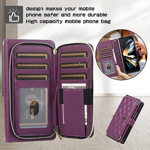 YYTVN Wallet Case for Samsung Galaxy Z Fold 5 with Zipper Card Holder & Shoulder Strap & Wrist Strap, Crossbody Purse Handbag Stylish Protective Cover for Galaxy Z Fold 5 -Dark purple
