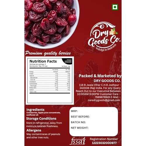 Image of Dry Goods Co. Dried Whole Cranberries 200g | Sweet & Tangy Cranberry Snack | Rich in Antioxidants | Perfect for Baking, Salads & Cereals | Imported Quality | Hygienically Packed