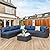 JAMFLY 7 Pieces Outdoor Patio Furniture Sectional Set, Black Wicker Rattan Patio Outdoor Furniture Set with Tea Table Conversation Sets, Aegean Blue