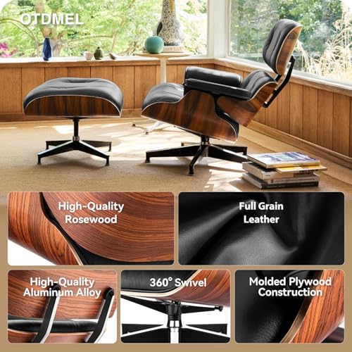 Image of Top Black Grain Leather, Mid Century Chaise Lounge Chair and Ottoman, Modern Chair Classic Design, Palisander Wood, Heavy Duty Base Support for Living Room Office