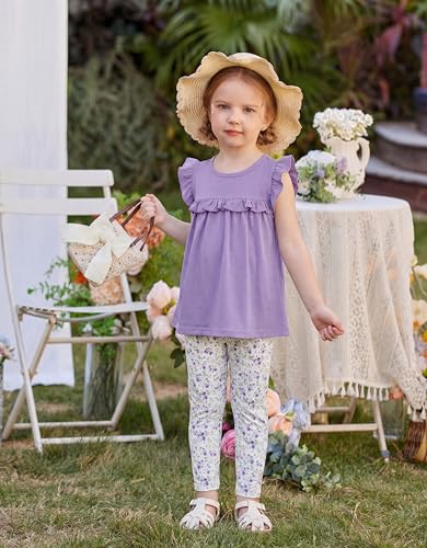 Image of Arshiner Toddler Girls 2-Piece Outfits Ruffle Sleeve Tee & Elastic Waist Pants Kids Summer Clothing Set For 2-10 Years