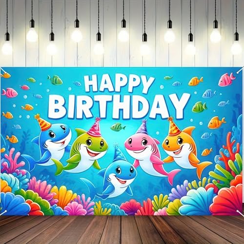 Image of HOMETITUTE Shark Birthday Party Decorations Ocean World Shark Family Happy Birthday Banner Ocean Decorations 71x43 Inch Underwater Coral Reef Party Backdrop Tropical Fish and Sea Life Decorations