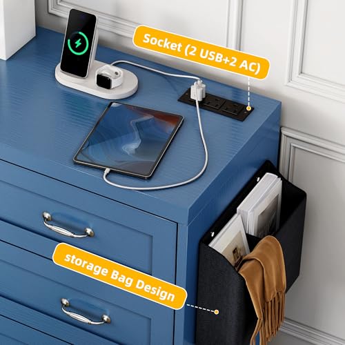 DWVO Farmhouse 7 Drawer Dresser for Bedroom, 31.5 Inch Tall Modern Dresser TV Stand with Large Drawers & Bar Handles, Storage Dressers with Power Outlets, Rustic Wood Chest of Drawers, Blue