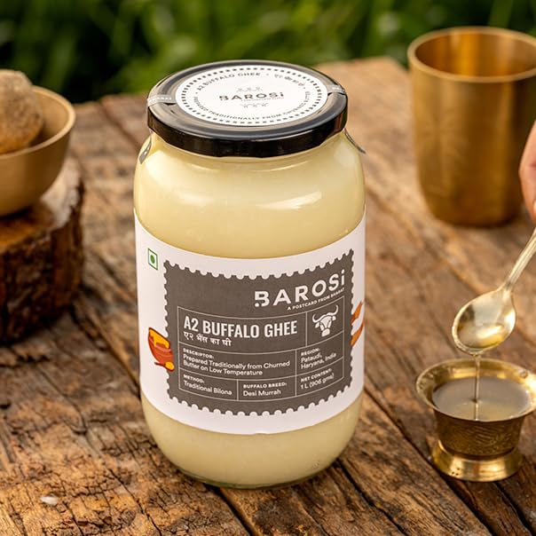 Image of BAROSI [Premium A2 Buffalo Ghee 1 Litre] Danedar Desi Ghee | Vedic Bilona Method | Grass-Fed | Curd-Churned | Cultured Ghee | Pure, Natural & Healthy (Glass Bottle 1000 ml) (Pack of 2)