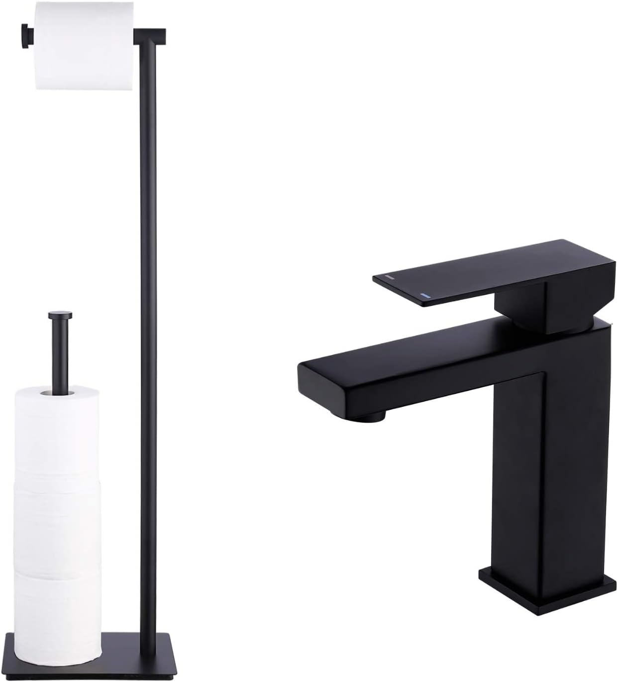 KES Black Bathroom Faucet & Freestanding Toilet Paper Holder, Matte