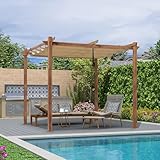 PURPLE LEAF Pergola 3 x 3 m Holzoptik Gartenpavillon Alu mit Schiebedach Terrassenüberdachung Wasserfest Stabil Winterfest mit Markisenschutz für Terrasse, Beige